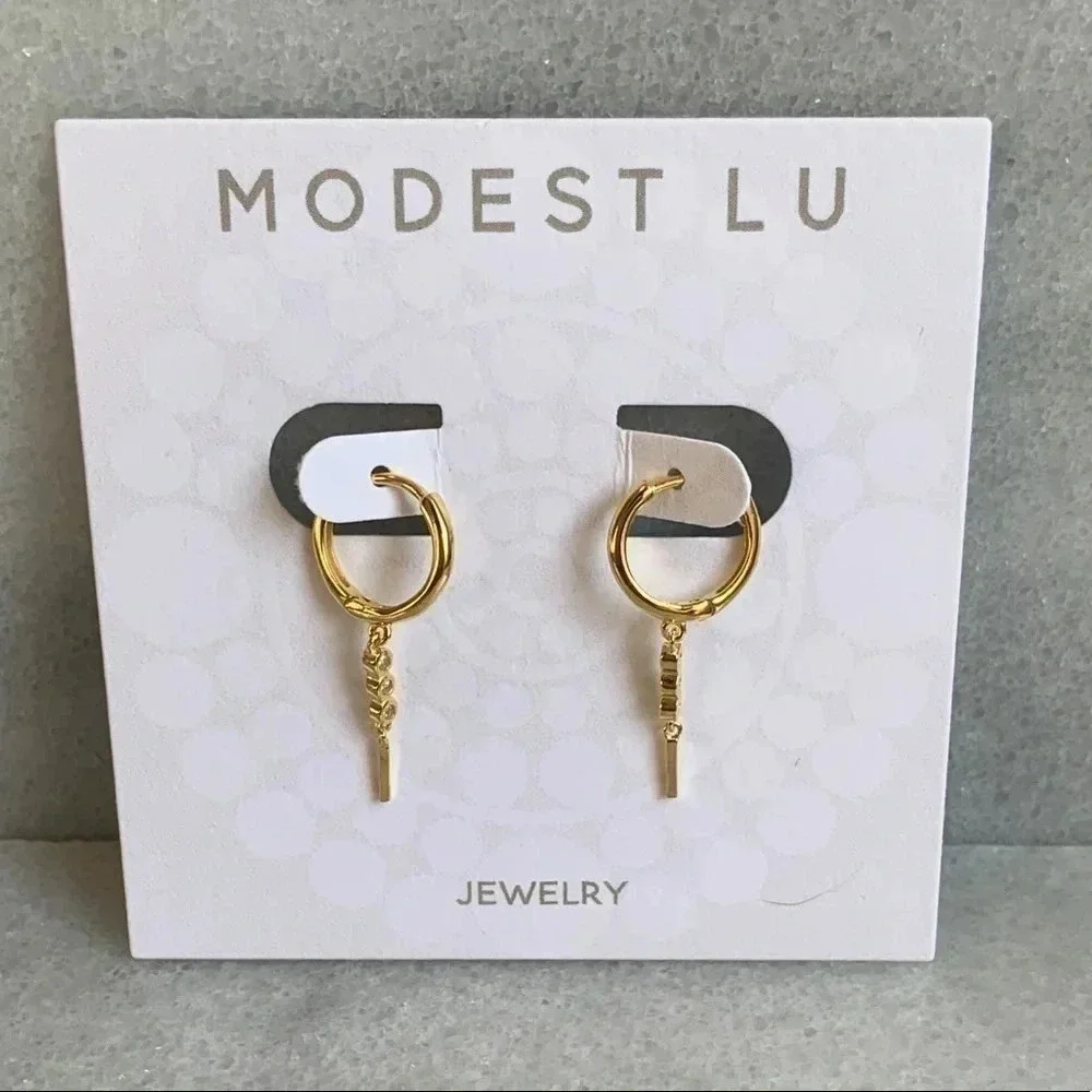 18K Gold Huggie Crystal Dangle Hoop Earrings - Picture 5 of 5